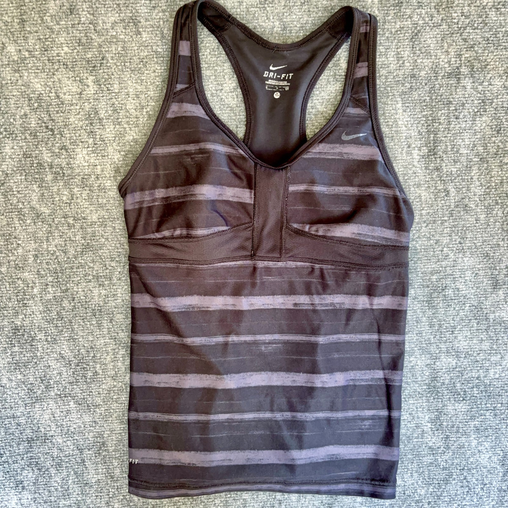 Nike Dri-FIT Racerback Tank Top Built In Bra Black Purple Stripe Athletic Size S